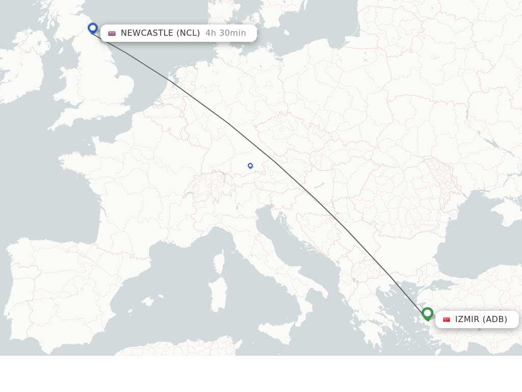 Flights from Izmir to Newcastle route map