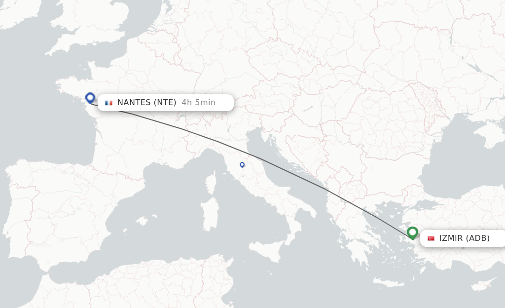 Flights from Izmir to Nantes route map