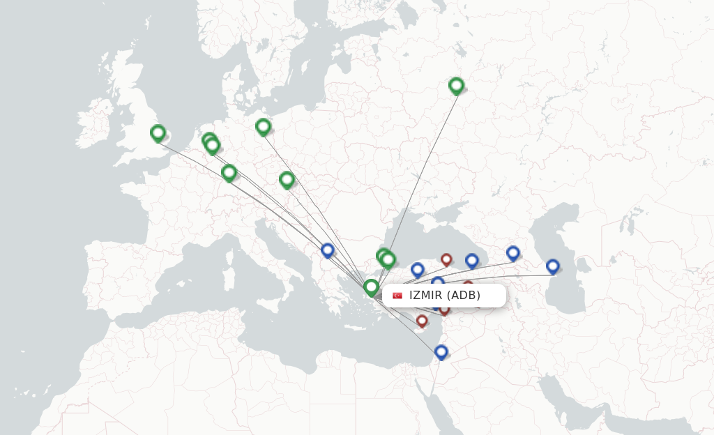 Route map with flights from Izmir with Pegasus