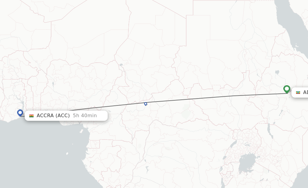 Flights from Addis Ababa to Accra route map