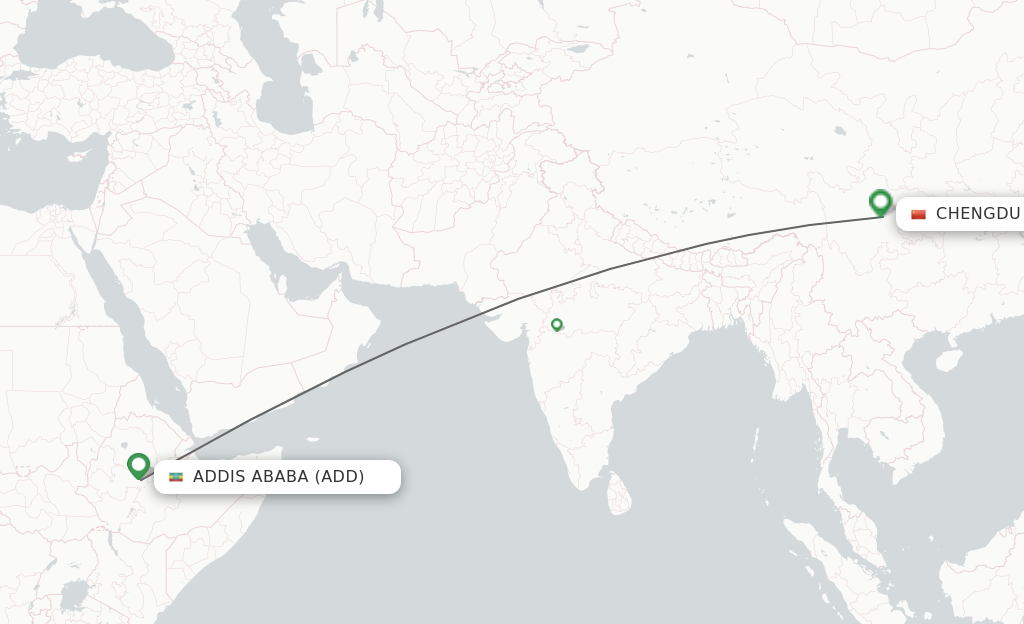 Flights from Addis Ababa to Chengdu route map
