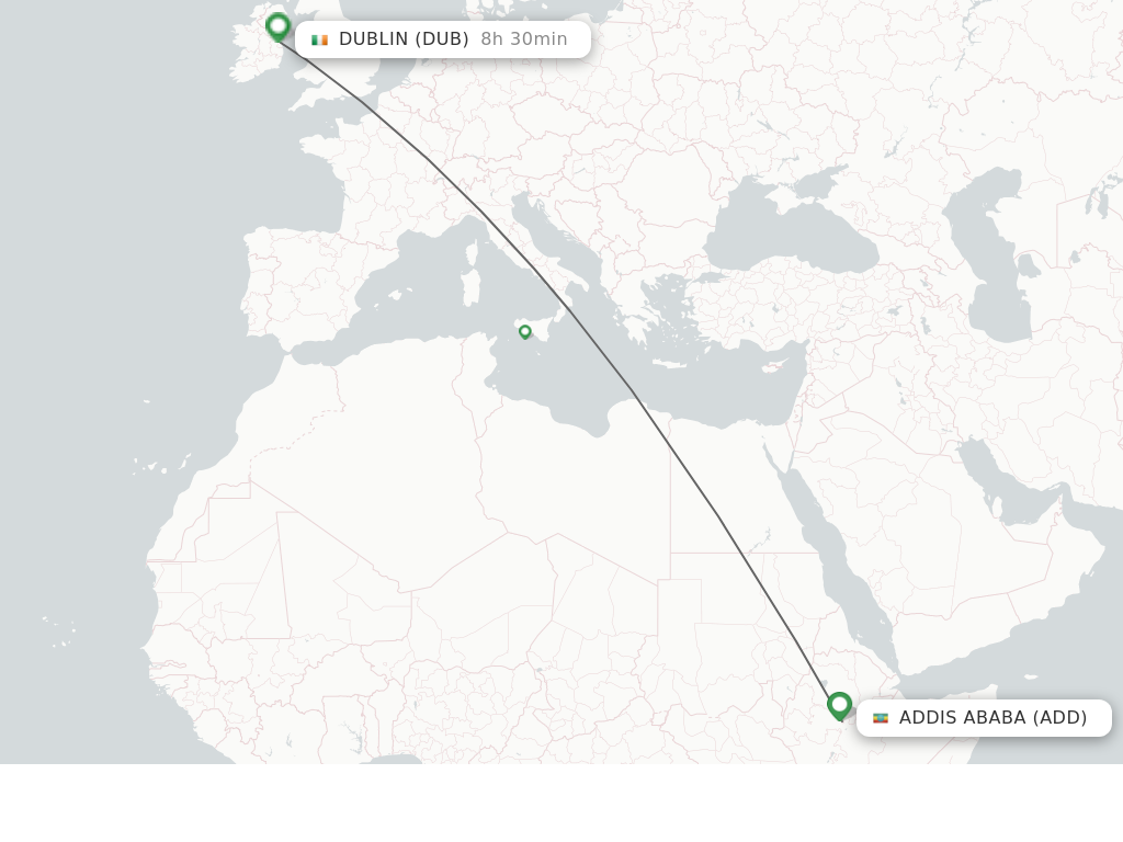 Flights from Dublin to Addis Ababa route map