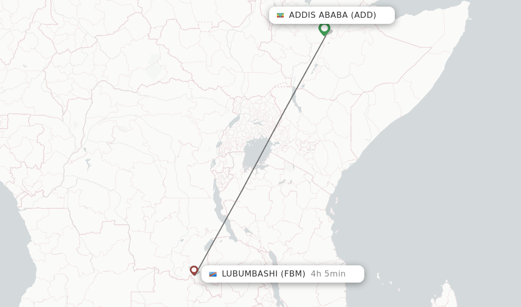 Flights from Addis Ababa to Lubumbashi route map