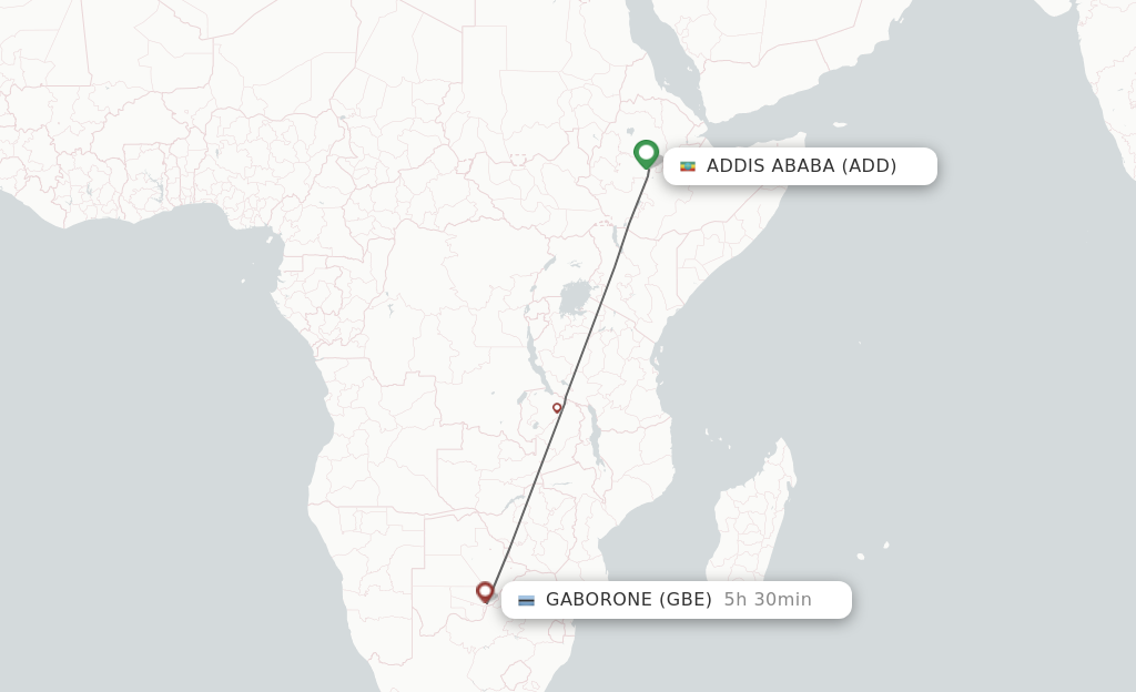 Flights from Addis Ababa to Gaborone route map