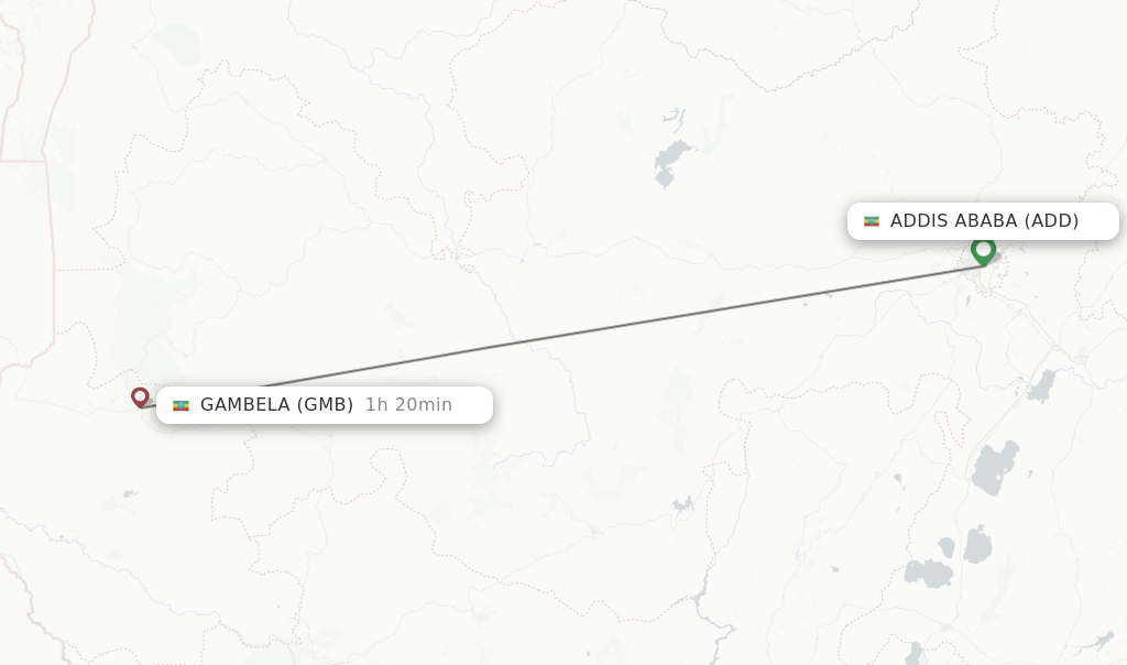 Flights from Addis Ababa to Gambela route map