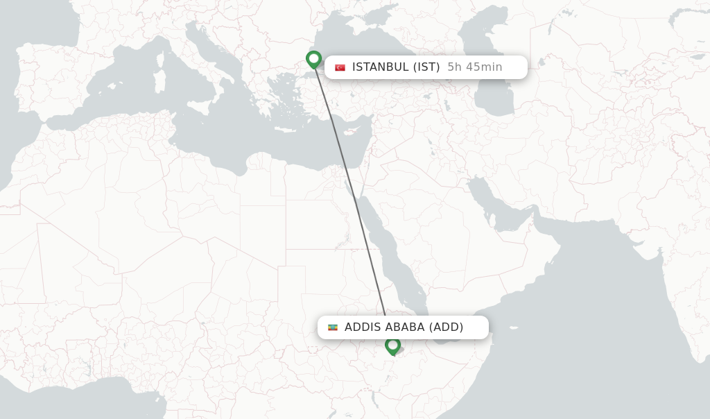 Flights from Addis Ababa to Istanbul route map