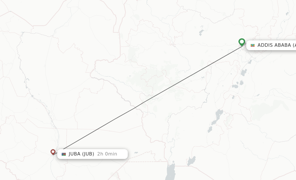Flights from Addis Ababa to Juba route map