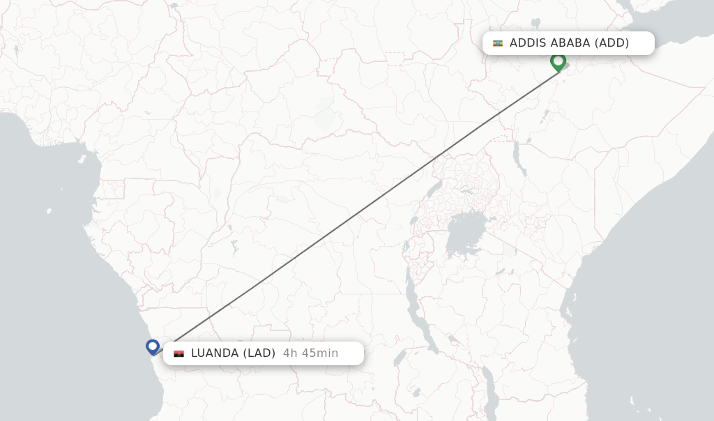 Flights from Addis Ababa to Luanda route map