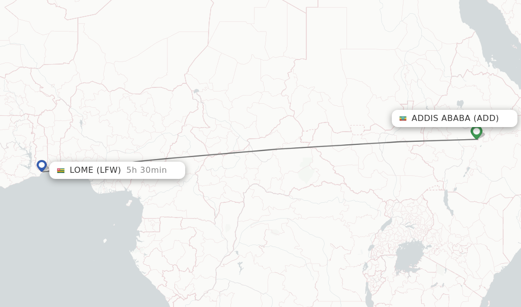 Flights from Addis Ababa to Lome route map