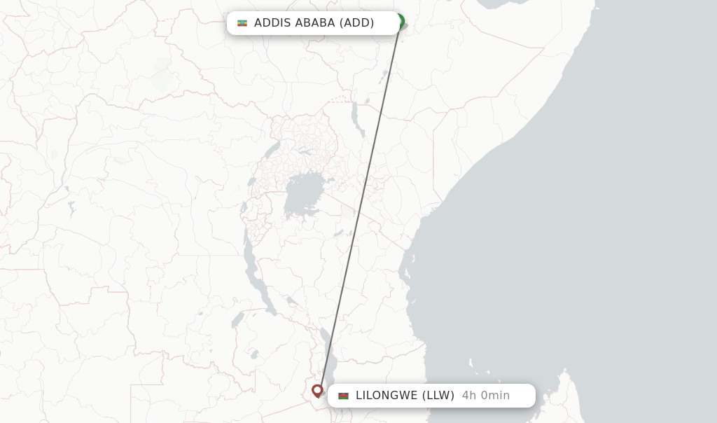 Flights from Addis Ababa to Lilongwe route map