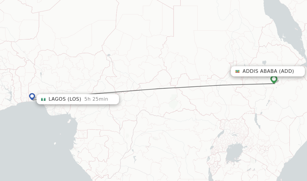 Flights from Addis Ababa to Lagos route map