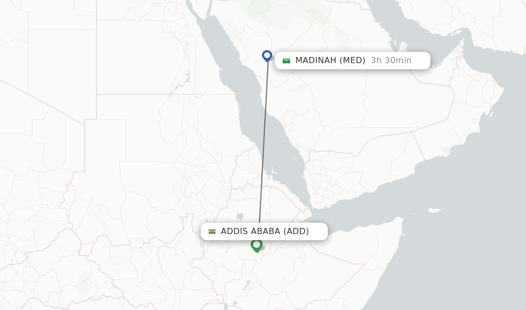 Flights from Addis Ababa to Madinah route map