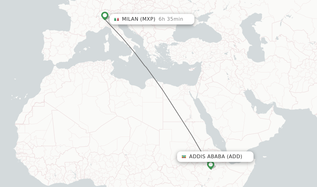 Flights from Addis Ababa to Milan route map