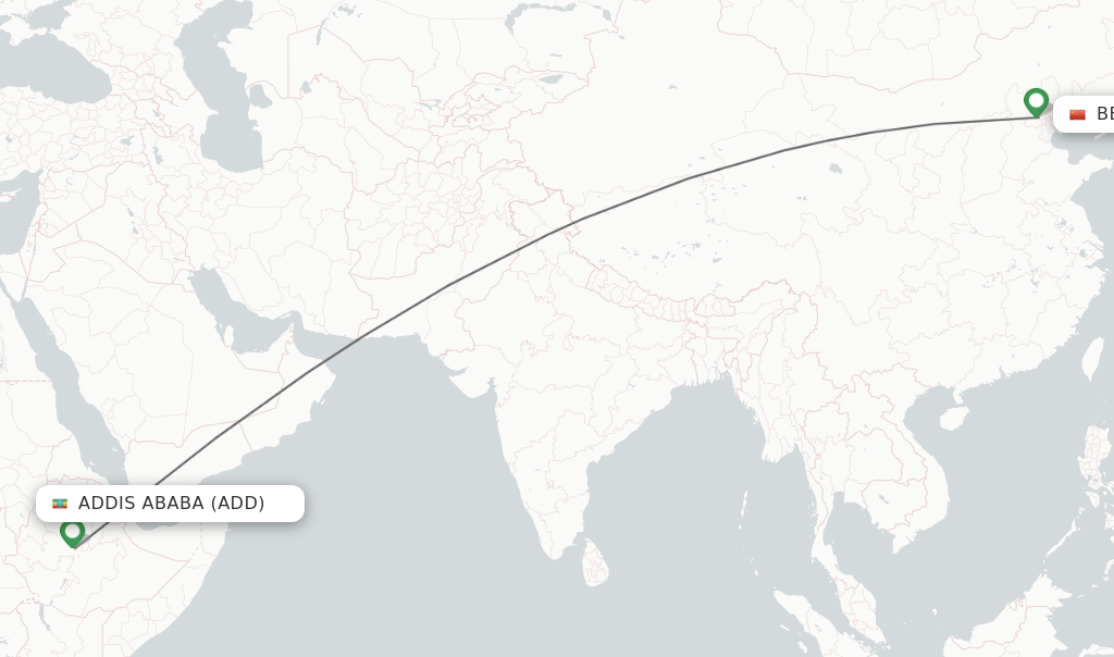 Flights from Addis Ababa to Beijing route map