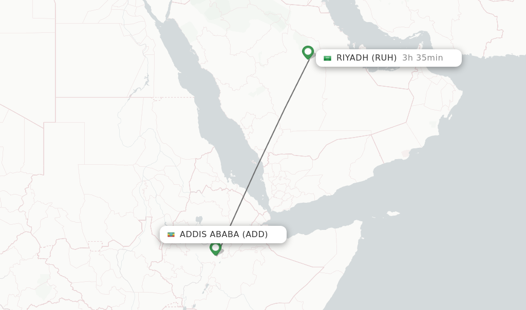 Flights from Addis Ababa to Riyadh route map