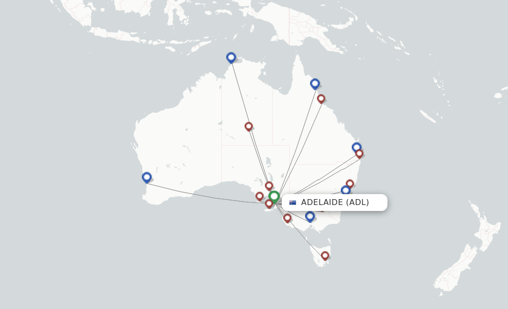 Route map with flights from Adelaide with Qantas