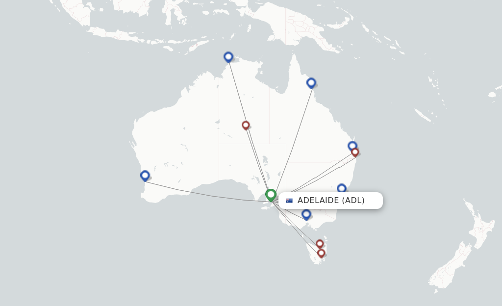 Route map with flights from Adelaide with Virgin Australia