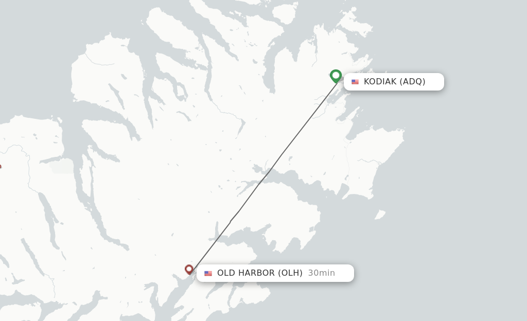 Flights from Kodiak to Old Harbor route map