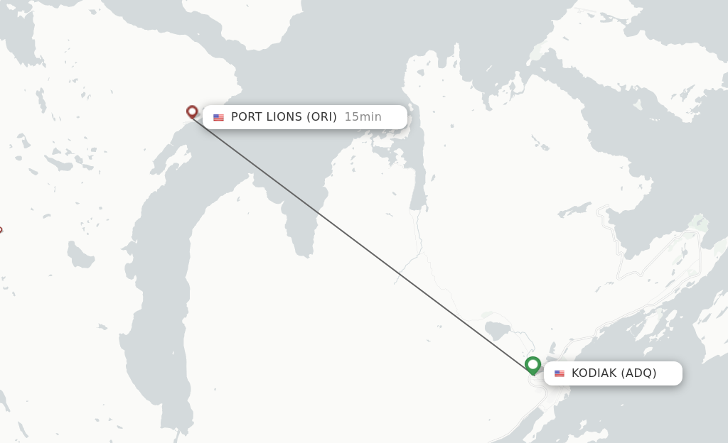 Flights from Kodiak to Port Lions route map