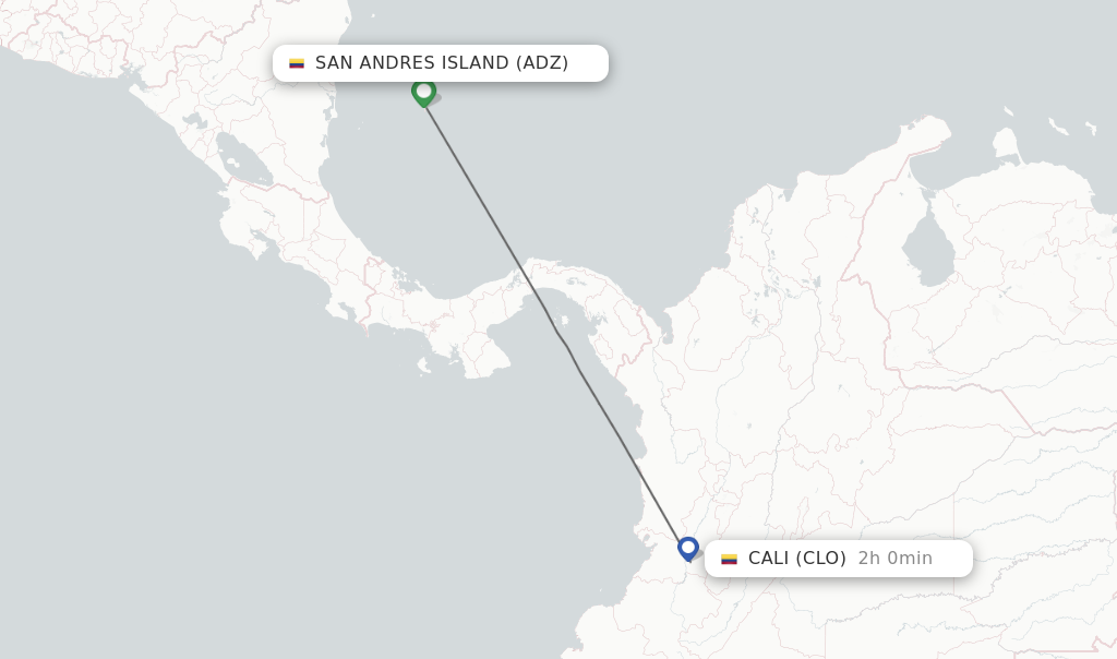 Flights from San Andres Island to Cali route map