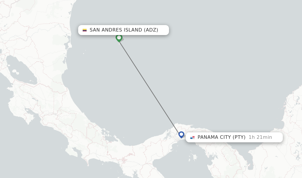 Flights from San Andres Island to Panama City route map