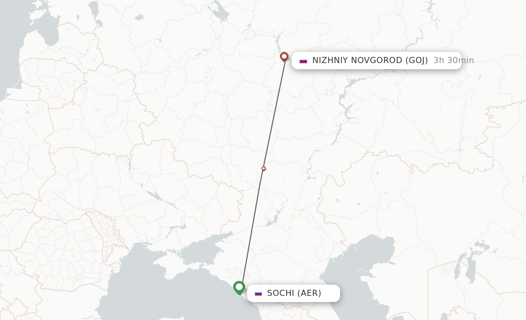 Flights from Adler/Sochi to Nizhniy Novgorod route map