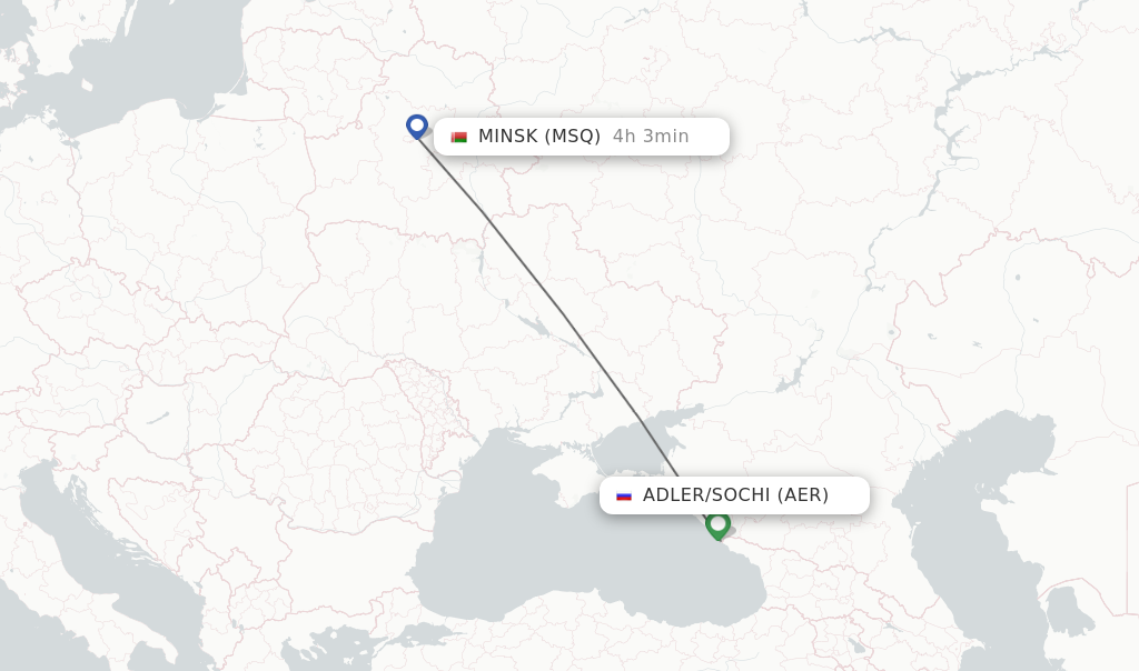 Flights from Adler/Sochi to Minsk route map