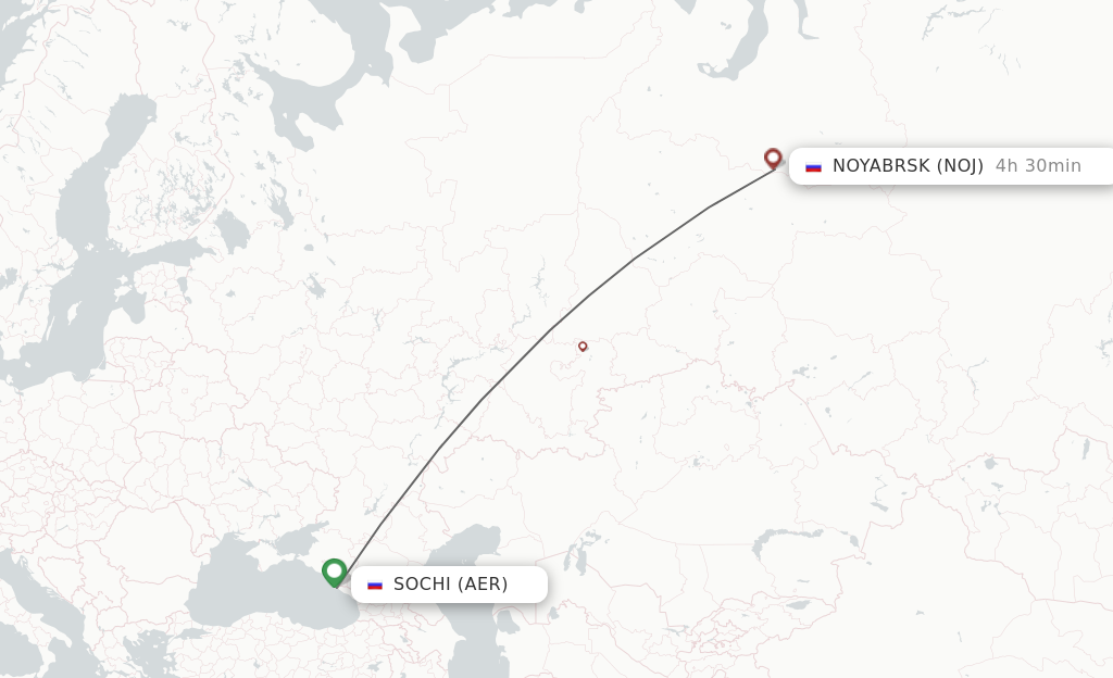 Flights from Adler/Sochi to Nojabrxsk route map