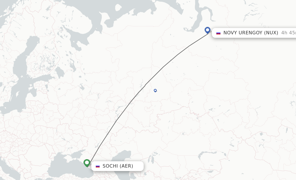 Flights from Adler/Sochi to Novyj Urengoj route map