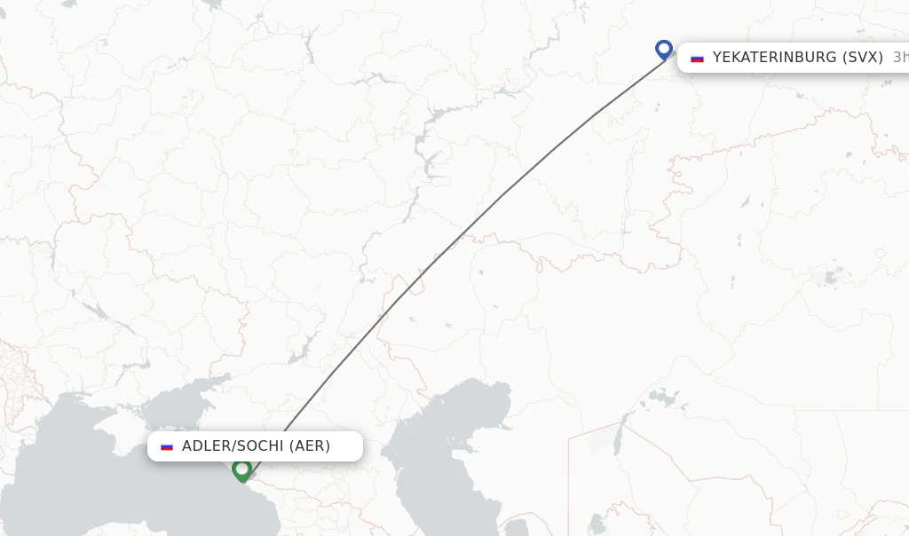 Flights from Adler/Sochi to Yekaterinburg route map