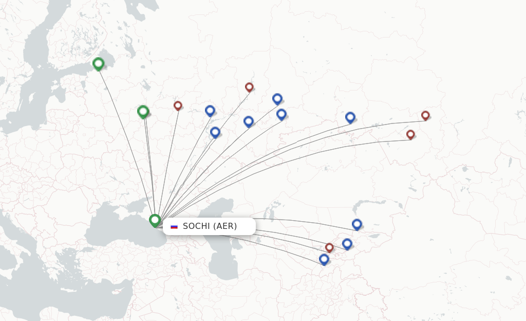 Route map with flights from Sochi with Ural Airlines