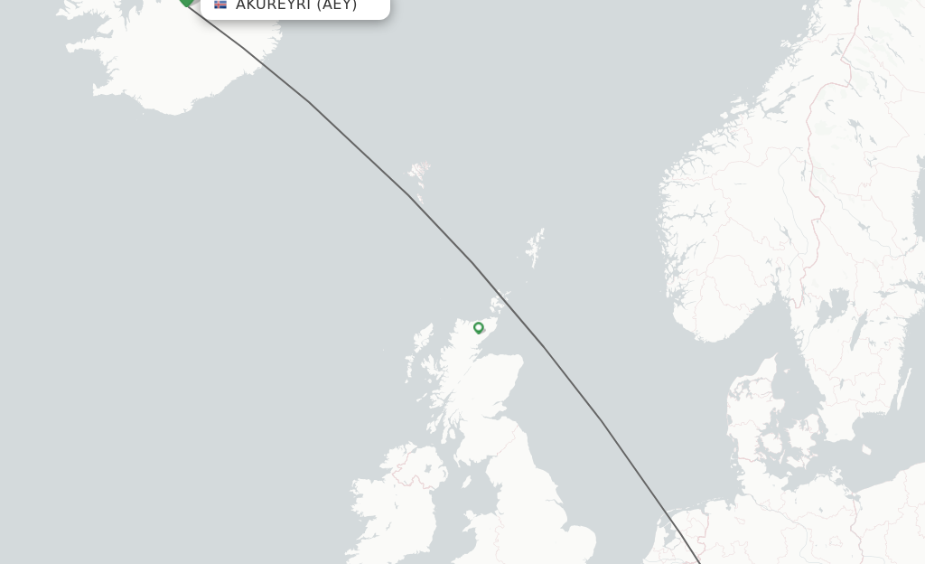 Flights from Akureyri to Frankfurt route map