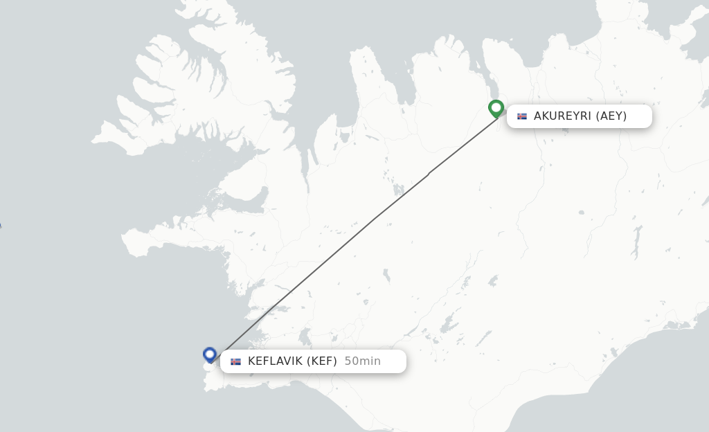 Flights from Akureyri to Reykjavik route map
