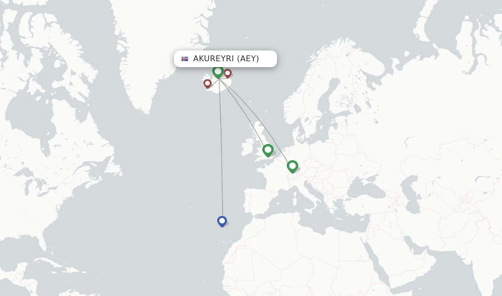 Flights from Akureyri to Manchester route map