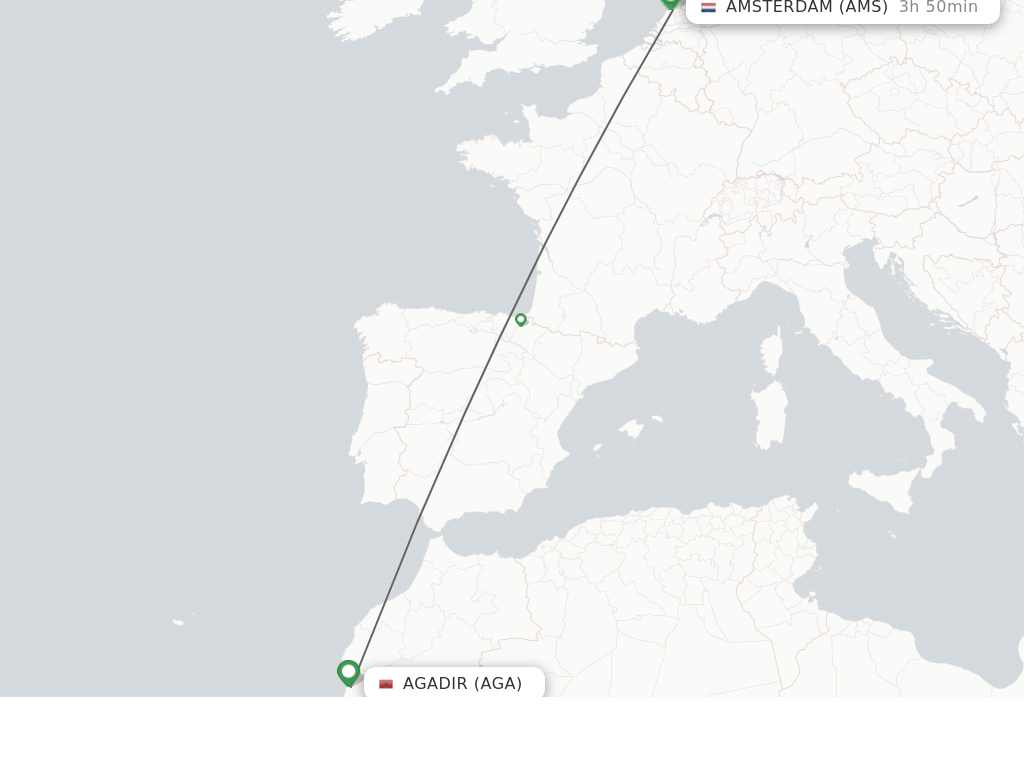 Flights from Agadir to Amsterdam route map