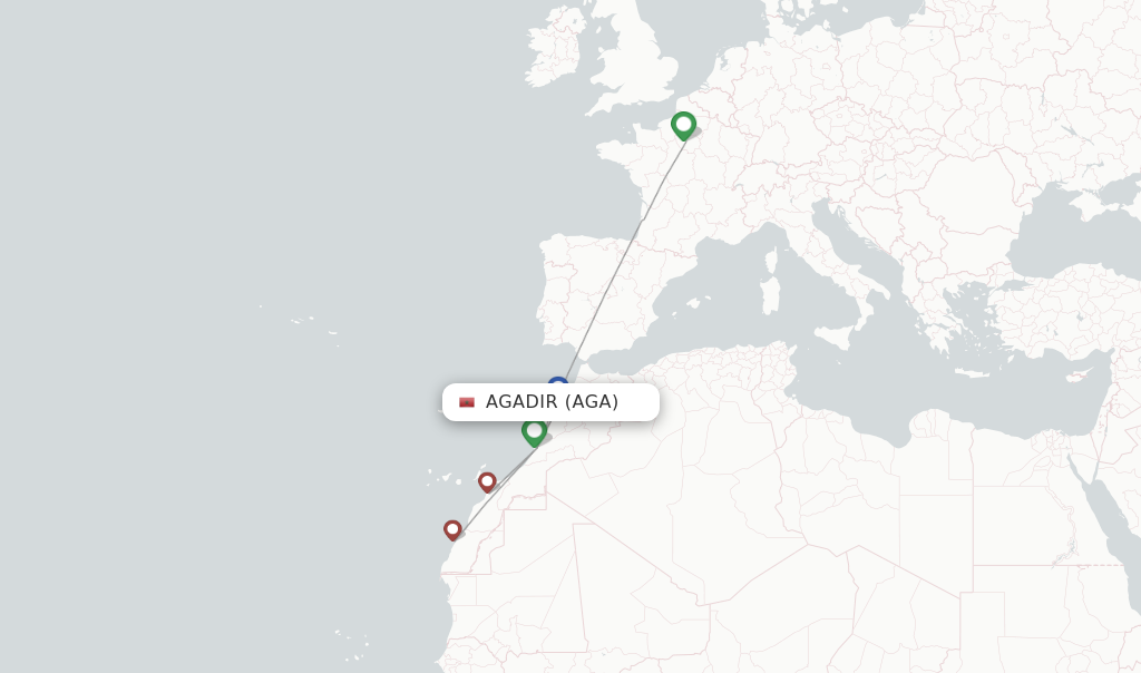Route map with flights from Agadir with Royal Air Maroc