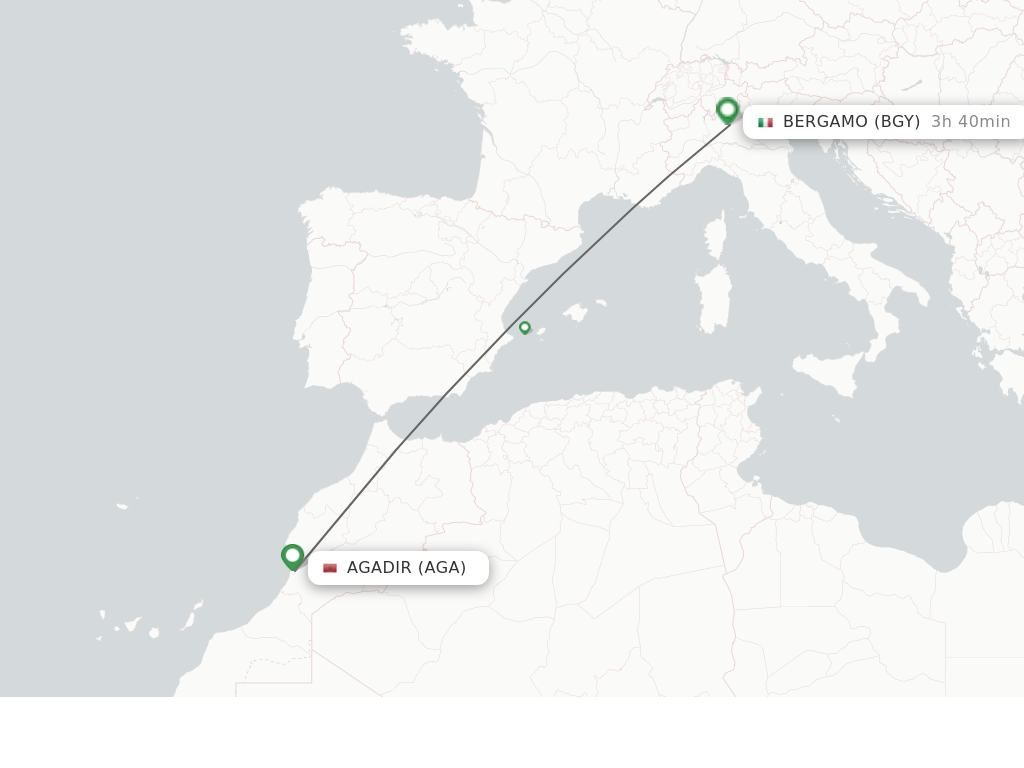 Flights from Agadir to Milan route map