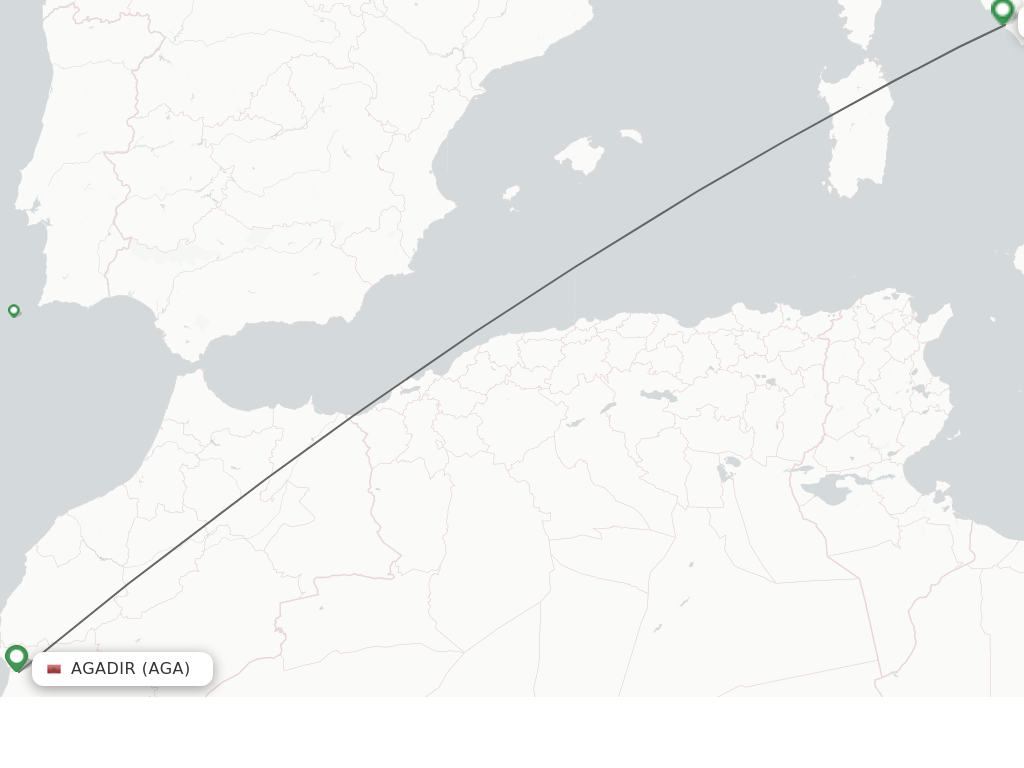 Flights from Agadir to Rome route map