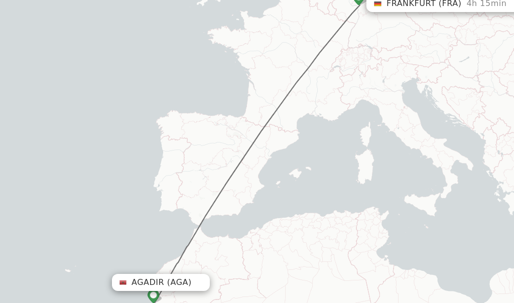 Flights from Agadir to Frankfurt route map