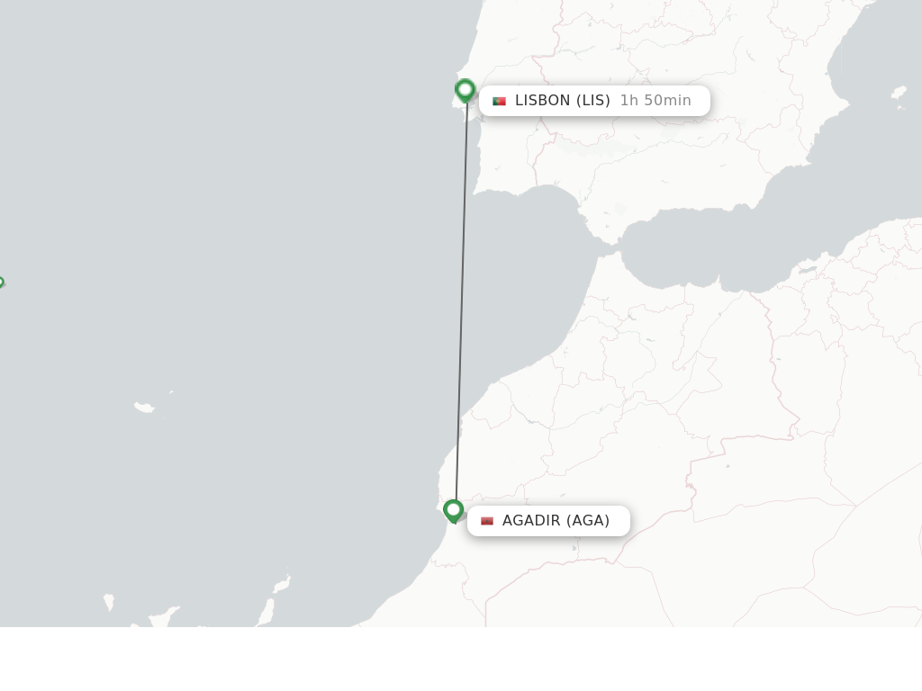 Flights from Agadir to Lisbon route map