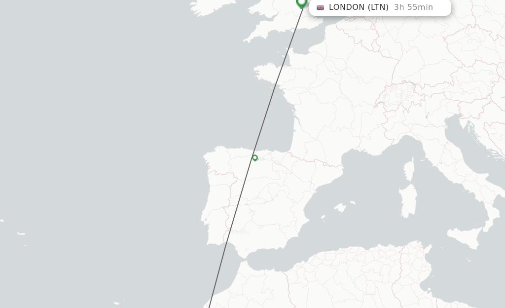 Flights from Agadir to London route map