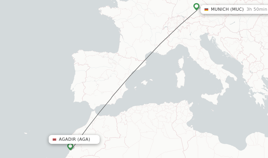 Flights from Agadir to Munich route map
