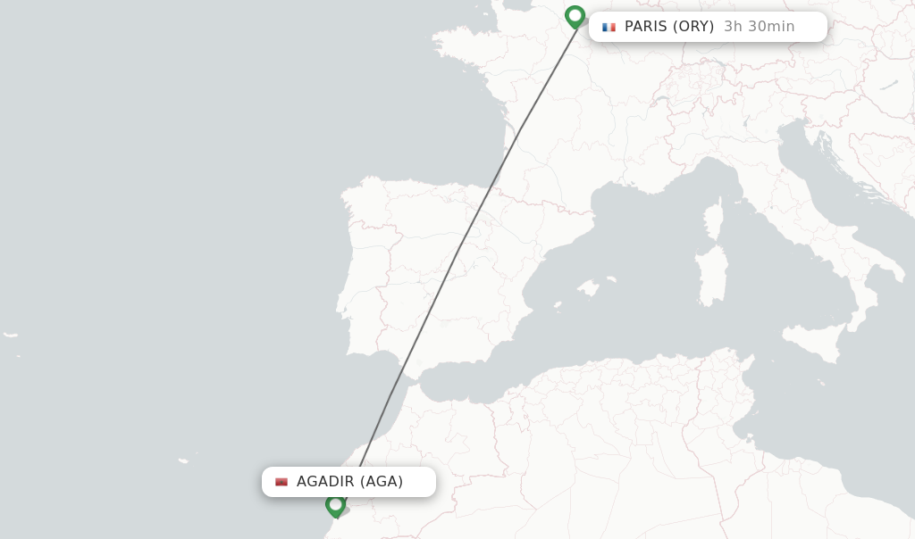Flights from Agadir to Paris route map