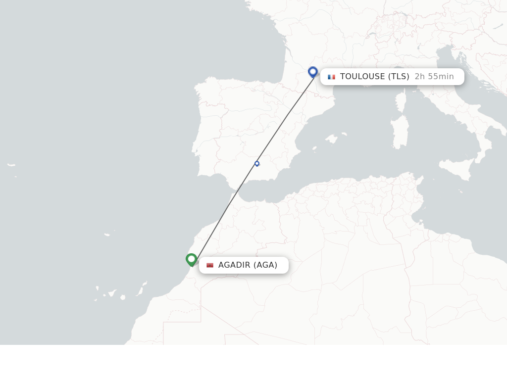 Flights from Agadir to Toulouse route map