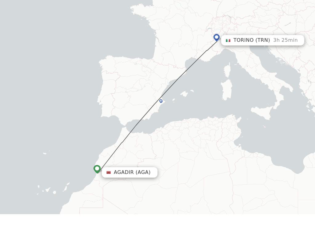 Flights from Agadir to Turin route map