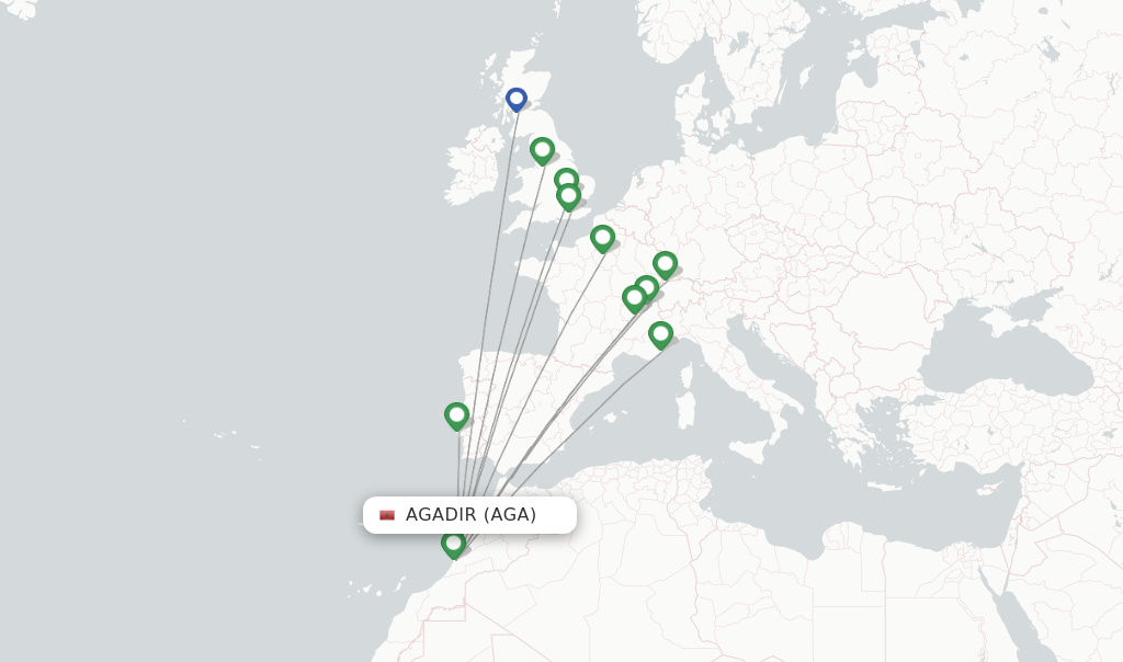 Route map with flights from Agadir with easyJet