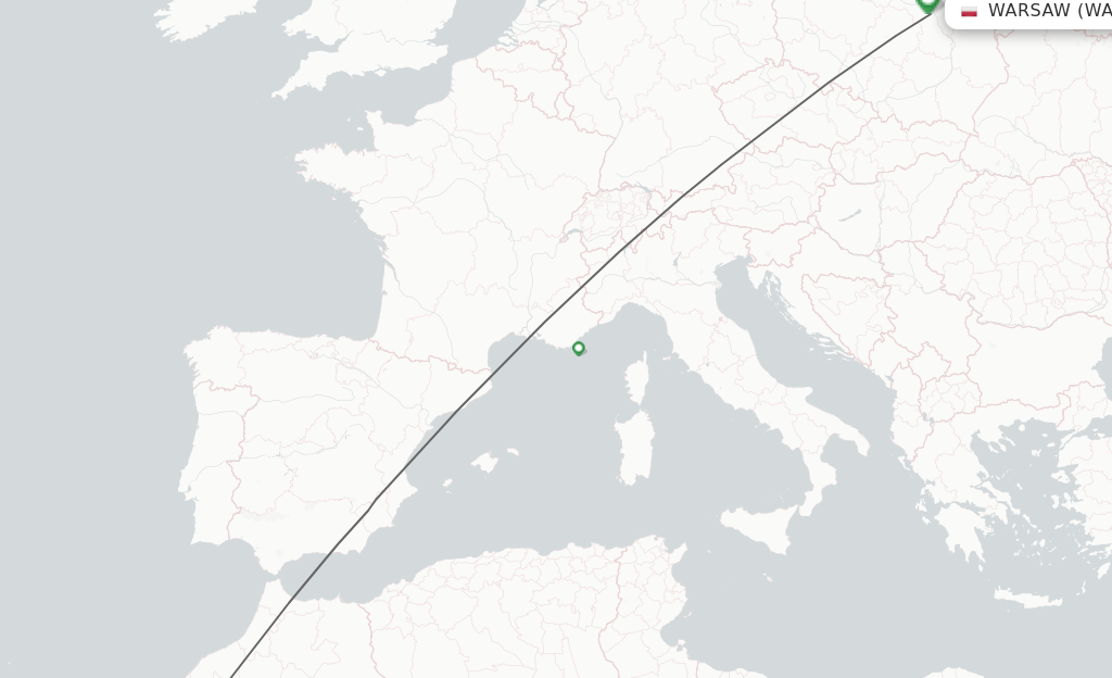 Flights from Agadir to Warsaw route map