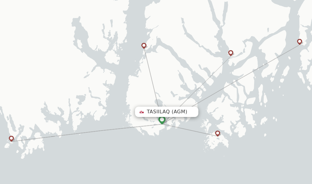 Route map with flights from Tasiilaq with Air Greenland