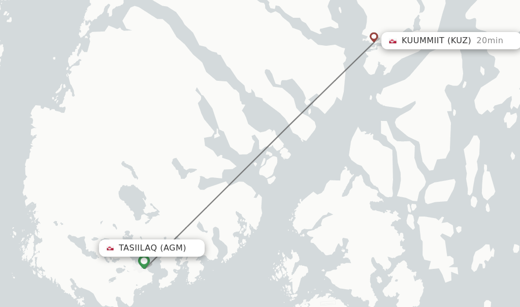 Flights from Tasiilaq to Kuummiit route map