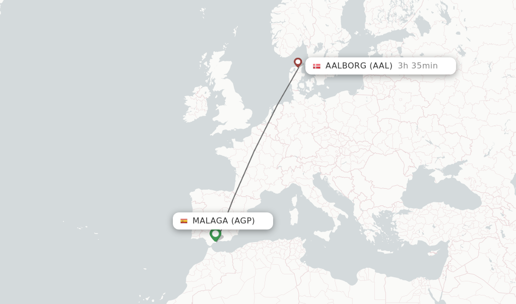 Flights from Malaga to Aalborg route map